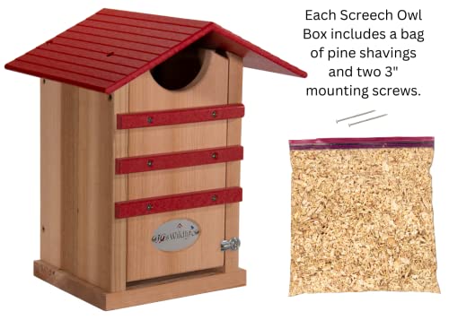 Screech Owl House Cedar Nesting Box with Poly Lumber Roof, Saw-Whet Owl Box for Outside, Drainage Ventilation, Easy Cleanout, Made in USA, Cardinal Red - color: Cardinal Red