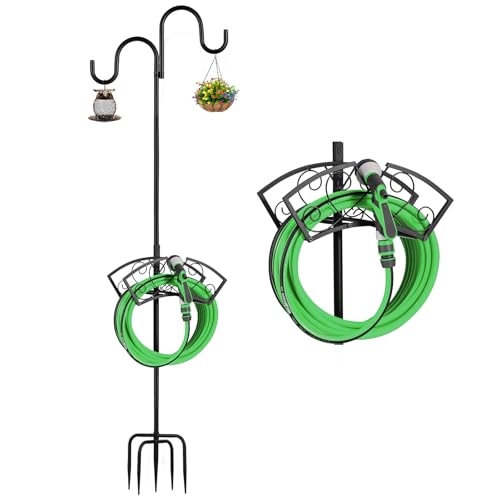 Garden Hose Holder, Upgraded Water Hose Holder, 2-in-1 Heavy Duty Hose Stand, 88Inch Freestanding Hose Hanger, Detachable Garden Hose Storage Rack with Adjustable Shepherds Hooks, Bird Feeder Pole