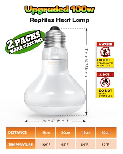 Reptile Heat Lamp 2 Pack, 100W Heat Lamp Bulbs for Reptiles, Amphibians Basking Heat Lamp Bulbs, UVA Daylight Basking Light for Reptiles, Bearded Dragon, Lizard, Turtle, Chicken