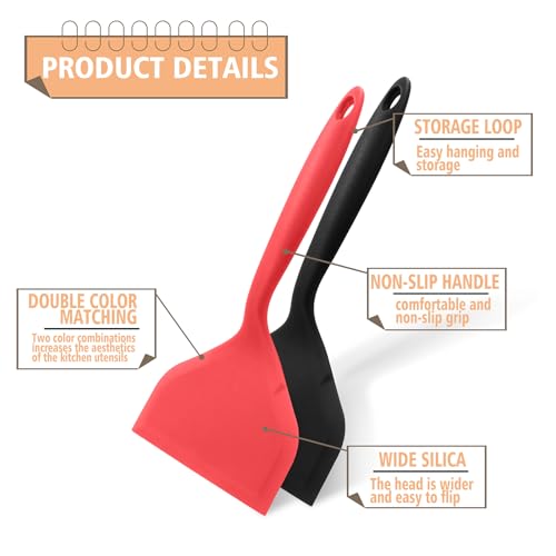 2Pcs Silica Gel Wok Spatula, Black & Red, Style 1 | Wide Pancakes Spatula, Nonstick Heat-Resistant, Pancake Shovel with Short Handle, For Cooking, Baking and Stir-Fry - color: Black & Red,Style 1