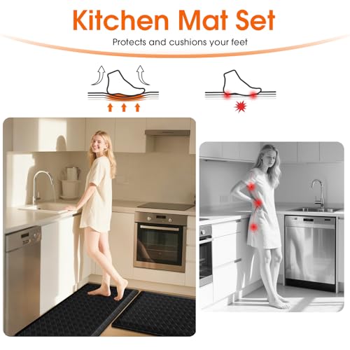 TranquilRelax 4/5 Inch Cushioned Anti Fatigue Kitchen Mats for Floor, Black | 2PCS Kitchen Rugs, Non-Slip Standing Desk Mat, Comfortable Standing Rug Set for Kitchen & Laundry, 17.3"×30"+17.3"×59" - color: Black, size: 2-Piece | 28"+59" | Extra Thick