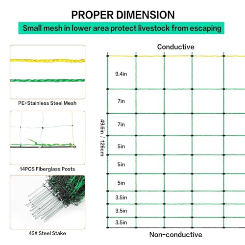Electric Poultry Netting, 49.6" H x 164' L, Electric Chicken Fence with 14 Posts Double Spiked, Utility Portable Mesh for Chickens Sheep Hogs Goats Deer Dogs Lambs Used in Backyards Farms Ranches