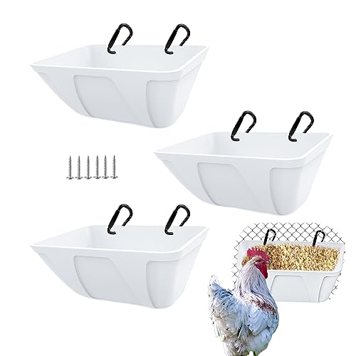 mozoba Hanging Chicken Feeder Trough for Goat Sheep Deer Poultry Duck Chicken Fence Feeder Livestock Feeding Container Goats Supplies Feeders Waterer Bucket (White) - color: White