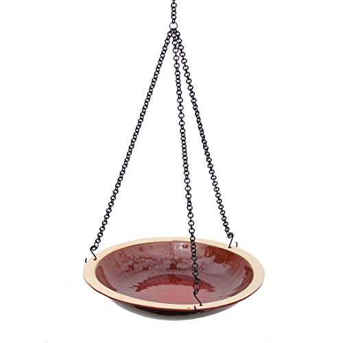 BYER OF MAINE Radial Hanging Bird Bath, Porcelain, Glaze Finish, Adjustable Chain, Autumn Red, 14"x14"x34" - color: Autumn Red