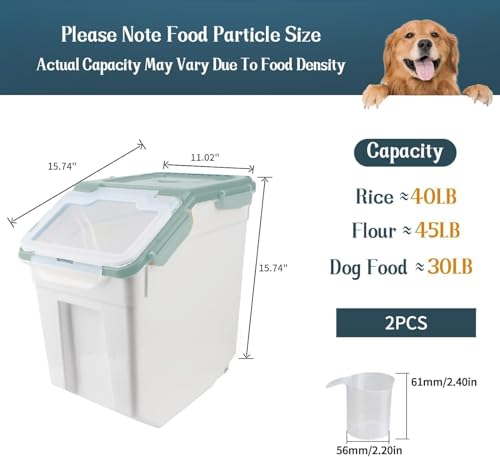 Rice Storage Container 2 Pack 50 lb Flour Storage Container with Wheels, BPA Free Food Storage Container with Measuring Cup Dog Cat Food Bin Set for Dry Food Sugar, Cereal-Green - color: Green/50lbs,2counts