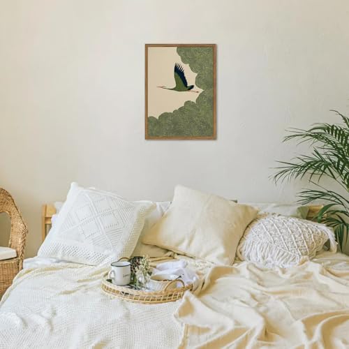 Japanese Crane Wall Art, Vintage Japan Bird Wall Decor Painting Rustic Green Flying Crane Poster Canvas Prints Picture for Bedroom Living Room Farmhouse 12x16 inch Wood Framed - color: Animal-L, size: 16"L x 12"W