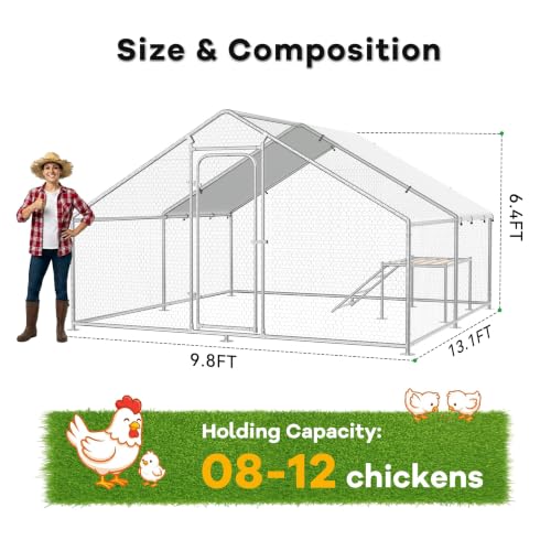 13.1 x 9.8 x 6.4 FT Metal Chicken Run, Chicken Coop with Cover | Reinforced frame, Walk-in Chicken Coop, Waterproof Cover, Side Hardware Cloth, Roosting Perch, Backyard & Farm Use - size: 157.5"L x 117.6"W x 78.5"H