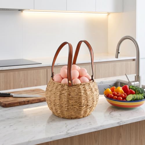 Farmhouse Egg Basket,Large Egg Collecting Basket with Handle,Round Wicker Egg Basket for Gathering and Carrying Fresh Eggs, Egg Holder for Kitchen Countertop,Picnic,Garden