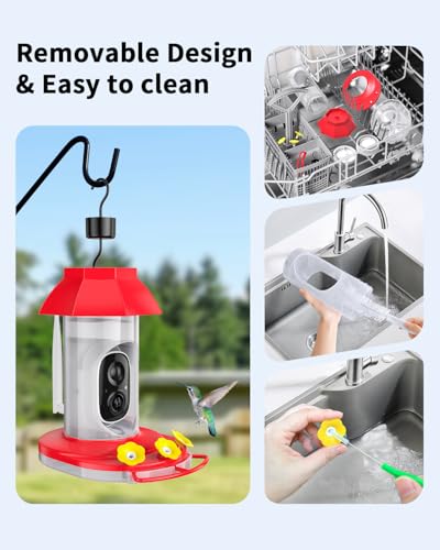 Smart Hummingbird Feeder with Camera, Solar Powered, AI Recognition | Bird Watching Camera for Outdoors, Live Videos, Ant Moat, Bee Proof, Nature Gifts for Bird Lovers - color: Red