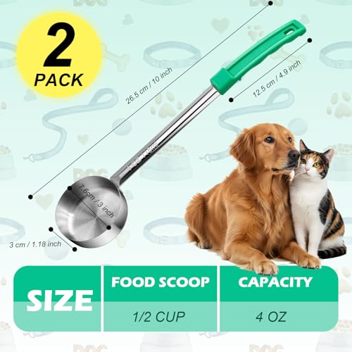2 Pcs Dog Food Scoop 1/2 Cup Stainless Steel Dog Food Measuring Cups Long Handled Scoop for Dogs Cats Birds and Rabbits Food(1/2 CUP) - size: 1/2 CUP
