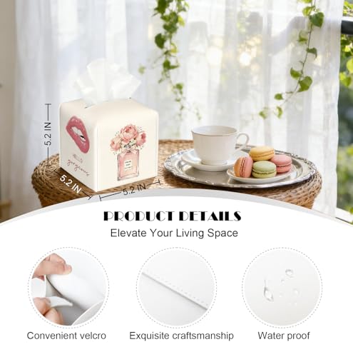 Fashionable Hello Gorgeous Tissue Box Cover, 5.2 Inch Square PU Leather Floral Perfume Lips Tissue Holder, Feminine Decor Gift for Vanity, Bedroom & Dorm - color: White Decoration Theme-08