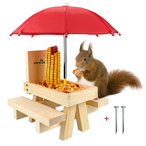 Squirrel Feeder Table with Umbrella, Wooden Squirrel Picnic Table Feeder, Sturdy Squirrels Feeder Corn Cob Holder, with Solid Structure and 2 x Thick Benches(1pk) - color: 1-Red