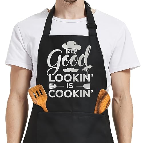 SANDJEST Funny Mens Aprons with Pockets for BBQ Grilling Cooking Grandpa Husband Apron for Birthday Christmas Father's Day - color: Cooking Lover 1