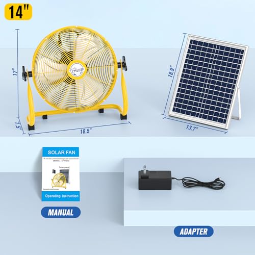 14" Solar Powered Fan with 20W Detachable Solar Panel, Yellow | Built-in Rechargeable Battery, Portable, 12 Speed, 360° Tilt for Outside, Camping, Greenhouse, Chicken Coop, Patio, gazebo - color: 14" Yellow