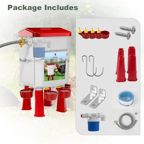 Automatic Chicken Waterer, Float-Controlled Chicken Water Feeder, Large Watering System with 60 Inch Water Hose (One End 3/4''), Poultry Waterer for Duck Quail Turkey Chick (2 Gallons, Red) - color: Red