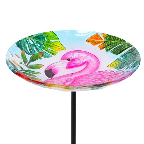 Bird Baths for Outdoors, Glass Bird Bath Stake, Flamingo Birdbaths & Support, Bee Baths for Garden, Outside, Lawn, Outdoor Decor - color: pink