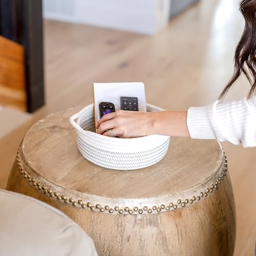 NaturalCozy 5-Piece Round Woven Cotton Rope Storage Baskets for Organizing, Small Shallow Nesting Set for Montessori Toys, Entryway Catchall, Fruit Bowl, Key Tray, Remote Holder, Nursery & Pet Toys - color: Off White & Black Stitching