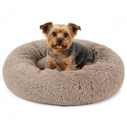 PetAmi Calming Donut Dog Bed, Washable Faux Fur, 23 Inch Small, Taupe | Warm Shaggy Faux Fur and A Deep Nest Help Anxious Pets Curl Up and Sleep Soundly. Perfect for Puppies, Cats, and Rescues. - color: Taupe, size: Small - 23"