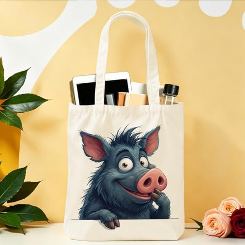 Cartoon Canvas Tote Bag, Gifts for Women Men Birthday Christmas Reusable Tote Shoulder Bag for Grocery Shopping 01 - color: Pig 485