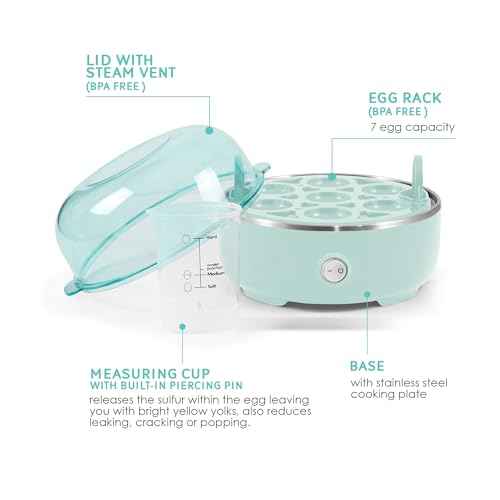 Elite Gourmet EGC115M Easy Egg Cooker, 7-Egg, BPA-Free, Retro Mint | Cooks soft, medium, or hard-boiled eggs with auto shut-off - electric operation - includes measuring cup - color: Retro Mint, size: 7 Egg
