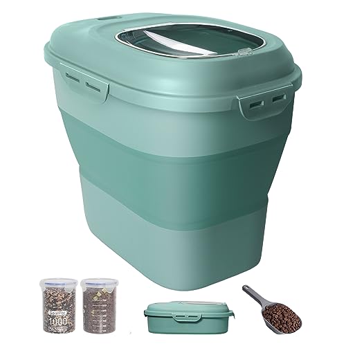 30-35Lbs Dog Food Storage Container Airtight,Collapsible Dog Food Container | Large Pet Food Storage Container with Double Airtight Seal & Magnetic Lid,Cat Food Container with Wheels,2Pcs Container,Scoop - color: Green