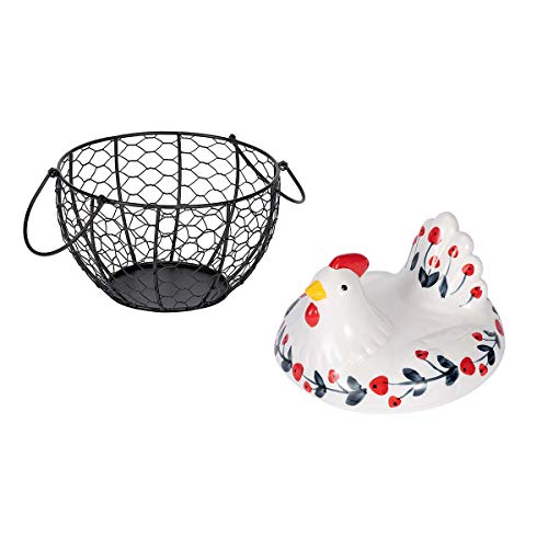 Chicken Design Ceramic Egg Storage Basket Iron Basket Holds 20-25 Eggs, Egg Holder, Organizer Case, Container Egg Basket Holder - color: cherry with black basket
