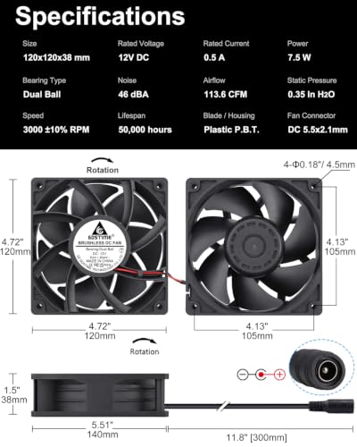 G‌DSTIME 120mm x 38mm Computer Fan with Speed Control, 115V 120V AC-Powered | Dual Ball Bearing, 3000 RPM High Speed, Axial 12V PC Fan with Variable Speed Controller for DIY Cooling Ventilation Projects - size: 1238 w/ Speed Controller