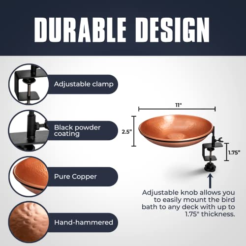Monarch Abode Deck Mounted Bird Bath & Bird Feeder for Outdoors – Pure Copper Hand Hammered Birds Bath Bowl w/Detachable Iron Clamp, Birdfeeder and Birdbath for Outdoors Garden Backyard - style: Deck Mounted Bird Bath