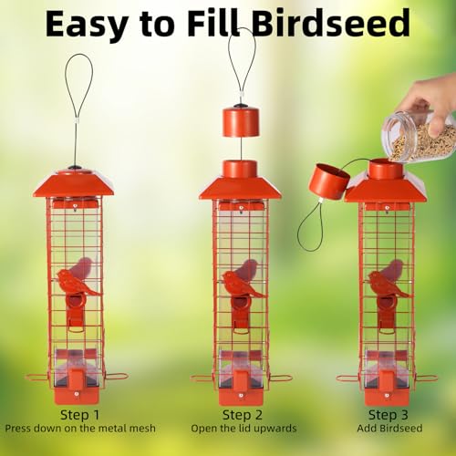 Squirrel Proof Bird Feeder, Metal Mesh Bird Feeder for Outside, Large Capacity and 4 Ports Perches (Orange) - color: Orange