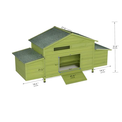 YOPTO Wooden Chicken Coop, 70 in, 2 Nesting Boxes, Green | Solid wood, Waterproof roof, 2 nesting boxes, Pull-out tray, Lockable doors, Ventilated design, Chicken perch - size: 70.0"L x 27.9"W x 31.8"H