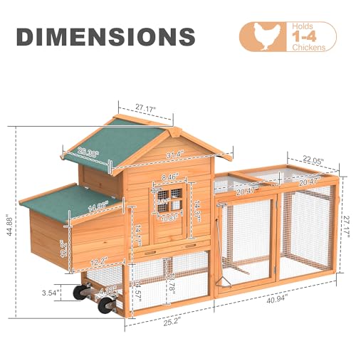 GOJOOASIS Portable Chicken Coop with Wheels & Handrail, Weatherproof Wooden Hen House, Removable Tray & Nesting Box, Ideal for Chickens, Ducks, Rabbits & Small Animals (80" Asphalt Top with Wheel)