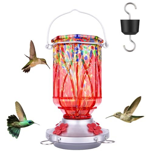 Hummingbird Feeders for Outdoors with Ant Moat, Hand Blown Glass Hummingbird Feeder, 4 Feeding Ports with Perch, Outdoor Garden Décor, 15 OZ, Red, Gifts for Mom Wife Dad Men Women - color: Red