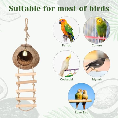 Briwooody Coconut Shell Bird Nest House Breeding Bed Nestingand Anti-Pecking Bite with Natural Coir Fiber Bird Nest Toy Bell for Parrot Budgie Parakeet Cockatiel Conure Lovebird Canary Finch(Classic) - style: Classic