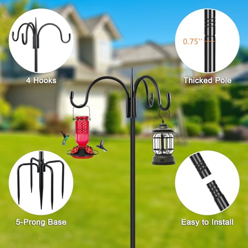 Heavy Duty Shepherds Hook 92" Triple Hooks - Metal 5-Prong Base, Adjustable (44/60/76/92") - 15lb Capacity Bird Feeder Pole for Hanging Plants, Solar Lanterns, Wind Chimes, 1 Pack - color: 1-Pack, size: 92" Triple Hooks