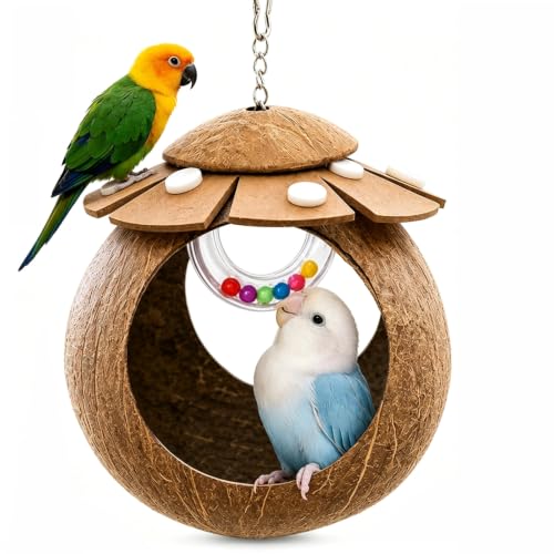 Handcrafted Coconut Bird Nest and Breathable Cage Hide Hut, Multi-Purpose Bird Cage Accessories, Suitable for Parakeets, Budgies, Lovebirds, Parrots, Hamsters and Small Pets