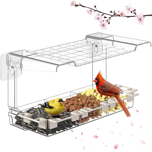 Clear Window Bird Feeder Outdoors - Bird Feeder for Viewing with 5 Perching Stands, Self-Adhesive Hooks, Drain Holes and Removable Tray, as a Birdhouse, Garden Decor - color: Clear