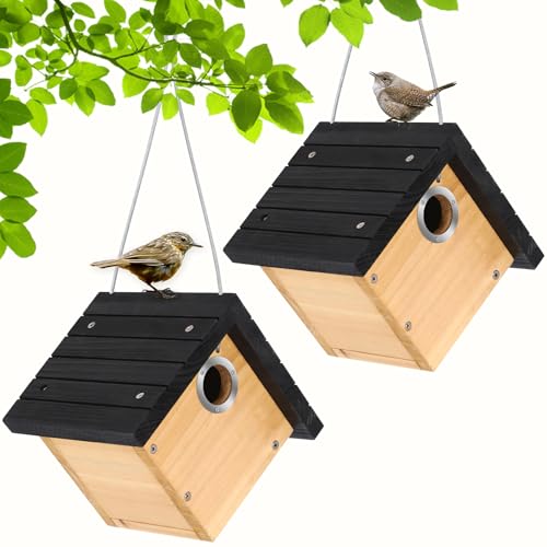Gtongoko Hanging Wren Bird Houses for Outside with 1-1/8" Entrance 2 Pack | Wood Nesting Box with Metal predator guard, Climbing Grooves, Clean-Out Door, Air-Vent for Wrens & Carolina Wrens - color: Black-2 pc