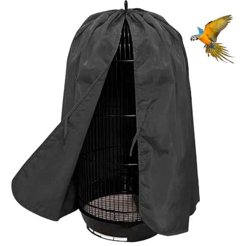QBLEEV Round Parrot Birdcage Cover, Pet Universal Blackout Cage Cover Shade | Windproof light-proof sleep reduces distractions night accessories cloth without cage, bow tie clouser, easy to wear - color: Black