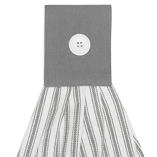 Alloy Gray and White Ticking Stripe Hanging Kitchen Dish Hand Towel Cotton with Button Accent, Set of 2 - color: Alloy Gray