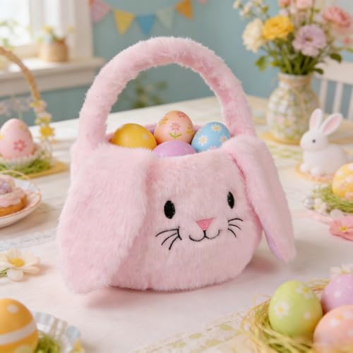 PRATIQUE Foldable Plush Easter Basket with Bunny Ears for Kids, Easter Egg Hunt Bucket with Handle, Cute Storage Bin for Candy, Toys & Gifts (Pink) - color: Pink