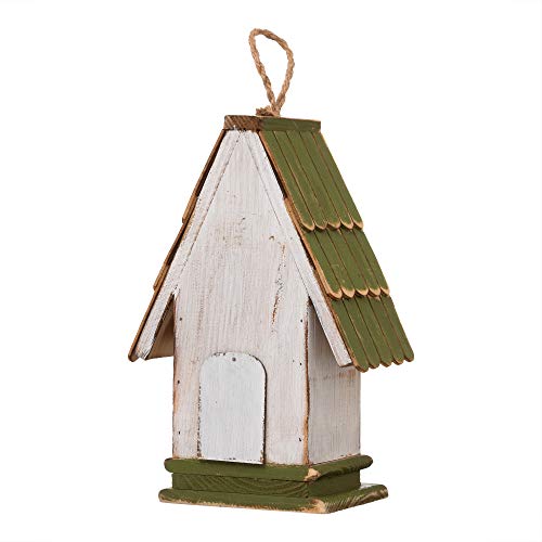 Glitzhome 10.25" L Hanging Birdhouse Green White Roof Wooden Garden Bird House for Outdoor - color: Green White