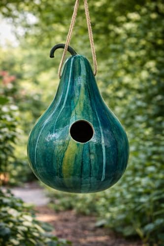 Blue Striped Handmade Gourd Birdhouse, 9–11" Tall | Ink Dyed Natural, 1.5" Entrance Hole for Wrens, Chickadees & Bluebirds, Hanging Garden Decor, With Drainage