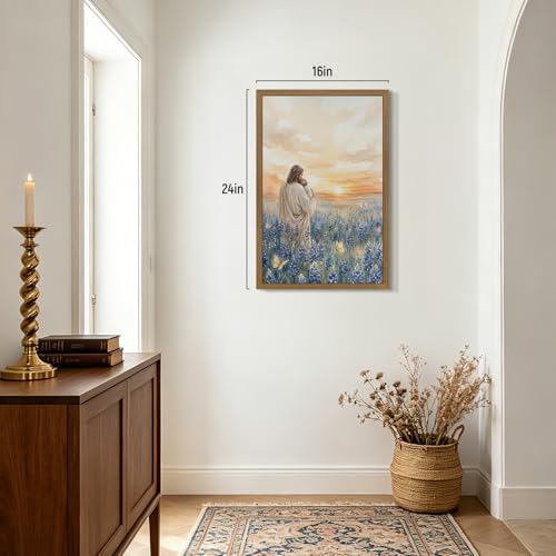 RLKHG Wood Framed Jesus Holding Child Wall Art, Inspirational Religious Faith Poster Print, Christian Nursery Wall Decor, Christian Flower Field Watercolor Artwork for Baby Room Church 16x24 Inch - color: JesusFlower, size: 24"L x 16"W
