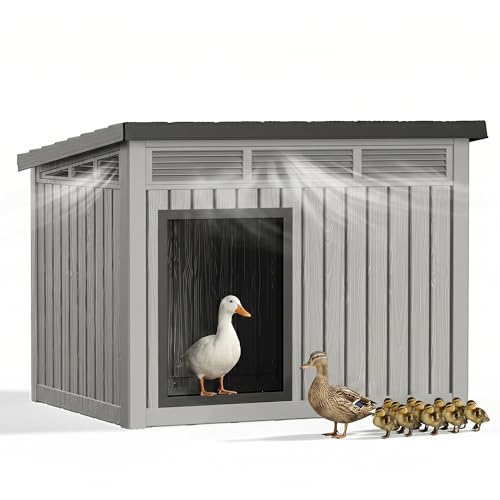 VIXZEN Chicken Coop, Resin PP Material Outdoor Duck House, Wood Grain Finish Sloped Roof Poultry Shelter, Gas Strut Top Opening Ventilated Duck Coop with Spacious Interior & Easy Assembly（Grey） - color: Grey, size: 42.9"L x 33.0"W x 31.6"H