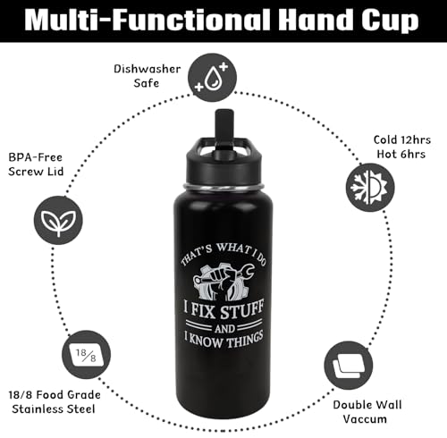 Mechanic Water Bottle with Straws Garage Insulated Water Bottle Gifts for Men,Father,Dad,Grandpa,Husband,Car Guy,Anniversary,Fathers Day Travel Thermal Double Walled Vacuum Cup-32 oz - color: black mechanic