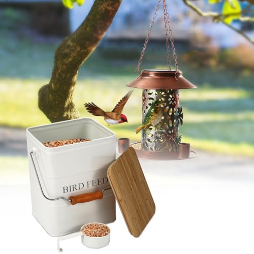 Morezi Bird Treat and Food Storage tin with Wooden lid and Scoop Included - White Powder - Carbon Steel - Birds Food bin - pet Food Container Storage Canister - color: White wood lid