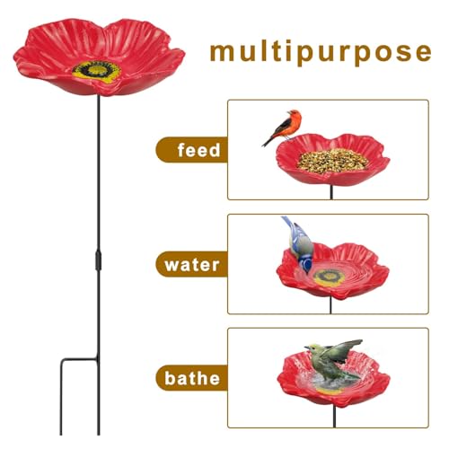 Redflower Bird Bath&Birdfeeder for Small Birds Outdoors Mtal Flower Bird Bath Bowl Stick into Ground Cute Tray Feeders for Outdoor Garden Decoration for Bird Lovers - style: redflower