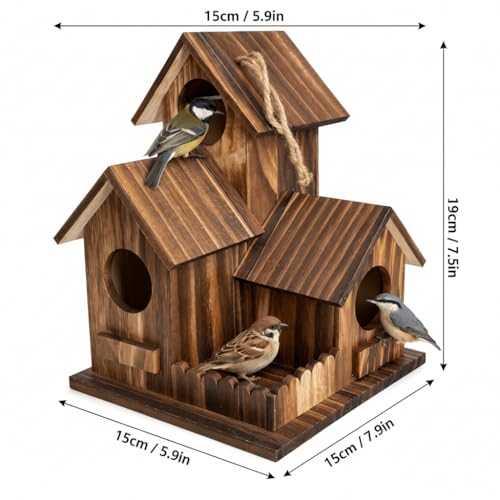 Wooden Bird House for Outside, 3-Chamber Rustic Birdhouse, Hand-Charred Solid Wood Weather Resistant Hanging Nest Box for Bluebird Finch Sparrow, Outdoor Garden Decor (Classic)