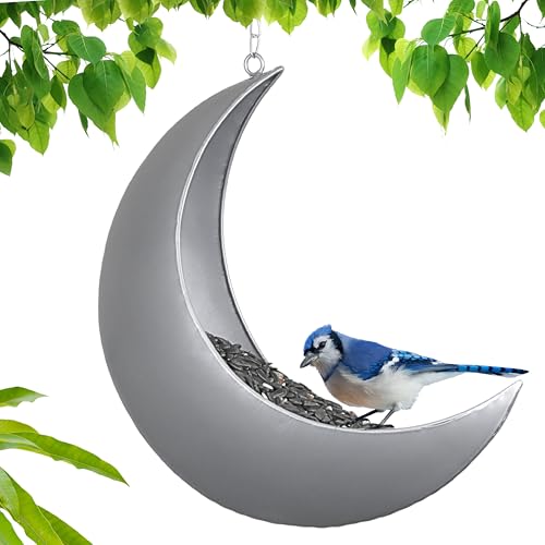 Hanging Moon Bird Feeder – Unique Metal Bird Feeders for Outdoors, Silver Rust-Resistant, – Wild Bird Feeder for Bluebirds, Cardinals, Finches, and Backyard Birdwatching - color: Silver