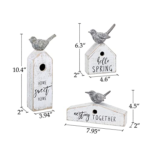 3 Pcs Birdhouse Shaped Wooden Table Decor with Bird Ornament, Rustic Farmhouse Spring Decor for Shelf Mantel Desk Decoration, Housewarming Gift, Hello Spring, Nest Together, Home Sweet Home